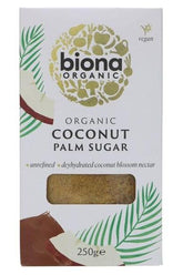 Biona Organic Coconut Palm Sugar 250g package with palm leaves and vegan label, unrefined natural sweetener.